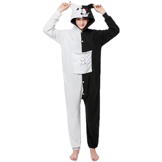 Кингуруми Кумамон единорог пижамы для взрослых Ститч Медведь животных Onesie зимние пижамы для мужчин пара фланелевая одежда для сна домашняя одежда - Цвет: Black and white bear