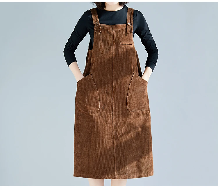 Корейский стиль плюс размер женское миди платье осень весна женское без рукавов коричневое платье подтяжки винтажное вельветовое платье с карманами