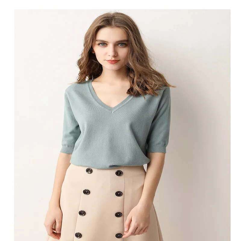 Spring Summer Women Sweaters and Pullovers Solid V-neck Short-sleeved Knit Cashmere Sweater Thin Casual Tops Jumper Female | Водолазки