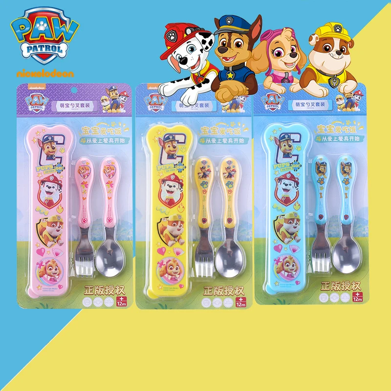 

1Set 2018 Original Paw Patrol Children's scoop and fork set stainless steel Fork Spoon Set tableware Storage box kids toy gift