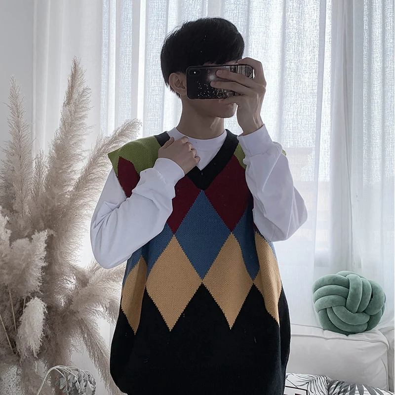 New Fashion College Style Retro Loose Contrast Color Diamond V-neck Sweater Vest Casual Knit Men