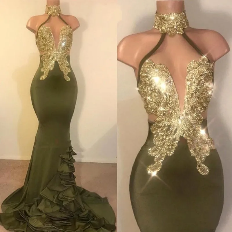 

Olive Green Halter Evening Dress Mermaid abiye gece elbisesi vestido longo Sexy Evening Gowns robe de soiree Prom Gown Bead Long