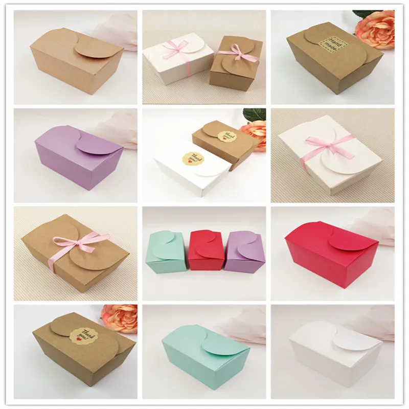 

100Pcs/Lot 9x6x6cm Candy Solid Color Box Kraft Paper Wedding Favor Gift Square Box With Stickers Ribbon Store Chocolates Petals