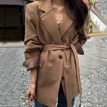

SHENGPALAE 2020 Chic Autumn Winter New Women's Blaazer Suit Collar Single Breasted Bandage Waistband Long Sleeve Suit Coat 5A246