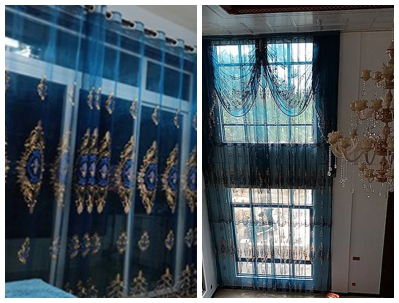 European Gold Embroidery Luxurious Blue Sheer Curtain for Living room Bedroom Tulle for Glass Door Window Panels Kitchen AD799E