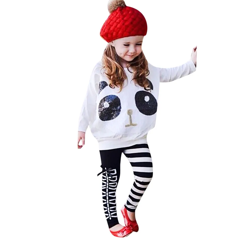Модная одежда для девочек Детский комплект, хлопковая Футболка с блестками и пандой для маленьких девочек+ полосатые штаны с бантом, комплект одежды H4