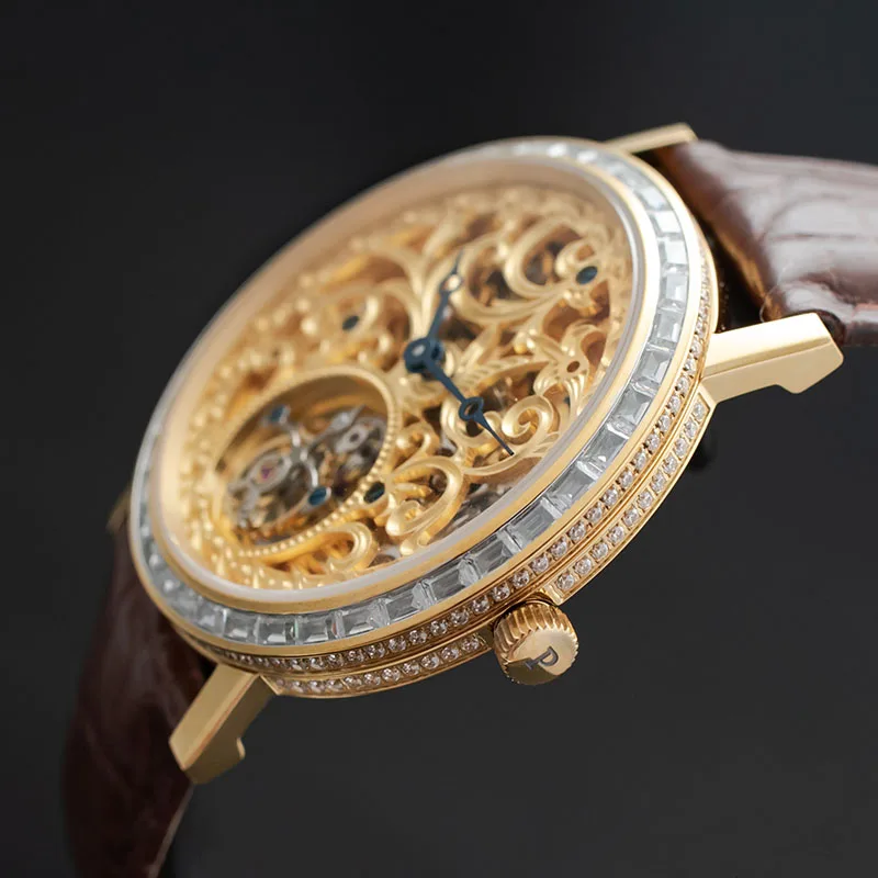 Модные полностью скелетные настоящие турбийон механические часы для мужчин s сапфировое стекло алмаз ST8000K часы для мужчин Турбийон роскошные часы