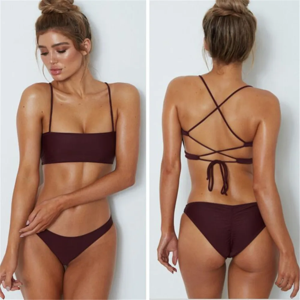 Liegrasse Bikini Set Solid Back Cross Swimsuit Female Swimwear Women Bathers Sports Swimwear Bathing Suit Two Piece Suit Tankini