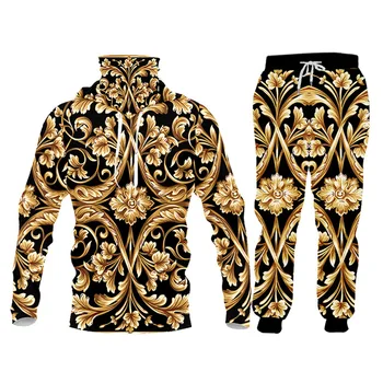 UJWI brand 3D Print Men two piece set Gold Flower Luxury Royal Baroque Tracksuit Jacket Sweatsuit Sweatshirt Hoodies sports 5XL 5