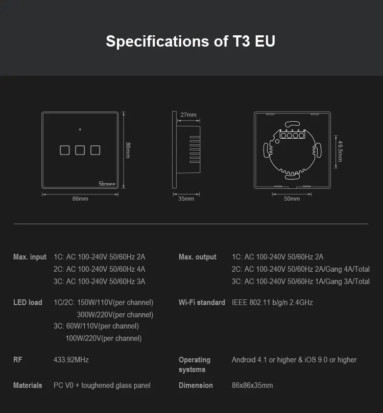 SONOFF T3 умный Wifi настенный светильник США ЕС Великобритания Переключатель Черный с рамкой 1 банда 433 RF/APP/сенсорный контроль работает с Google Home