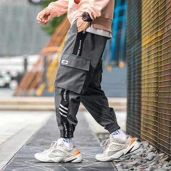 

YASUGUOJI Streetwear Mens Cargo Pants Fashion Big Pockets Track Pants with Side Stripe Men Casual Loose Mens Joggers Pants