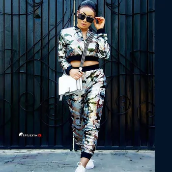 

2 Two Piece Set Women Track Suit Tops and Pants Suit Fashion Sexy Club Sequins Jogging Femme Sets Two Piece Outfits Sweat Suits