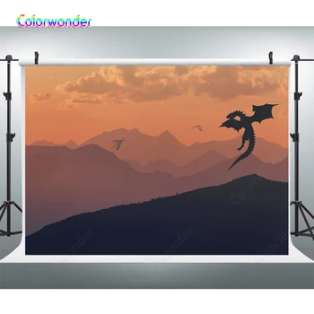 

Dragons Flying On the Montains Sunset Glow Photo Backgrounds Thrones Game Photography Backdrops For Birthday Party Decor Banner