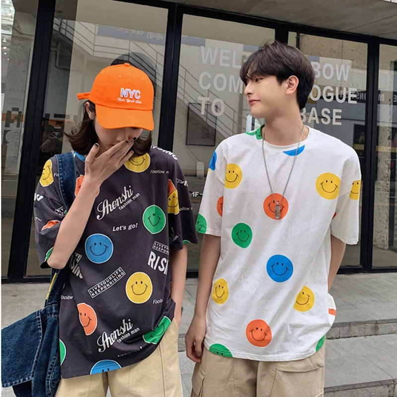 

Spring summer Smiley print Short sleeve Couples wear t shirt College style All-match funny Streetwear hip hop Simple Cotton top