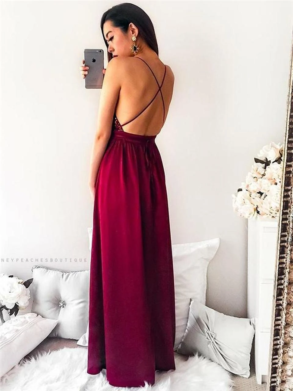 VKbridal бордовые атласные Спагетти ремни с блестками платья с открытой спиной на выпускной Длинные