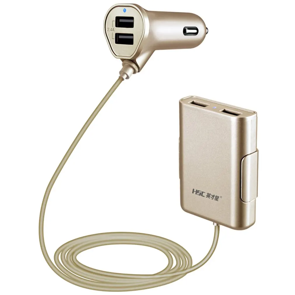 

HSC-600 Original 4.8A 4 Port USB Extension Cable Car Charger Universal Car Front And Rear Seat Charger All Compatible