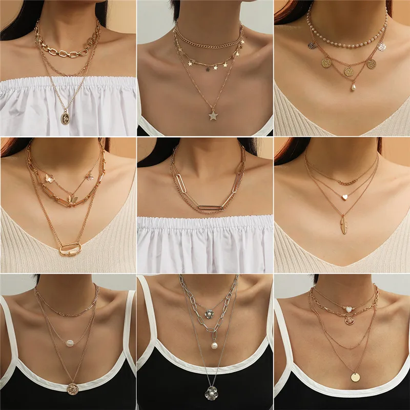 Boho Multi-element Crystal Necklaces For Women Fashion Gold Necklace Vintage Multiple Layers Pendant Jewelry Gift | Украшения и
