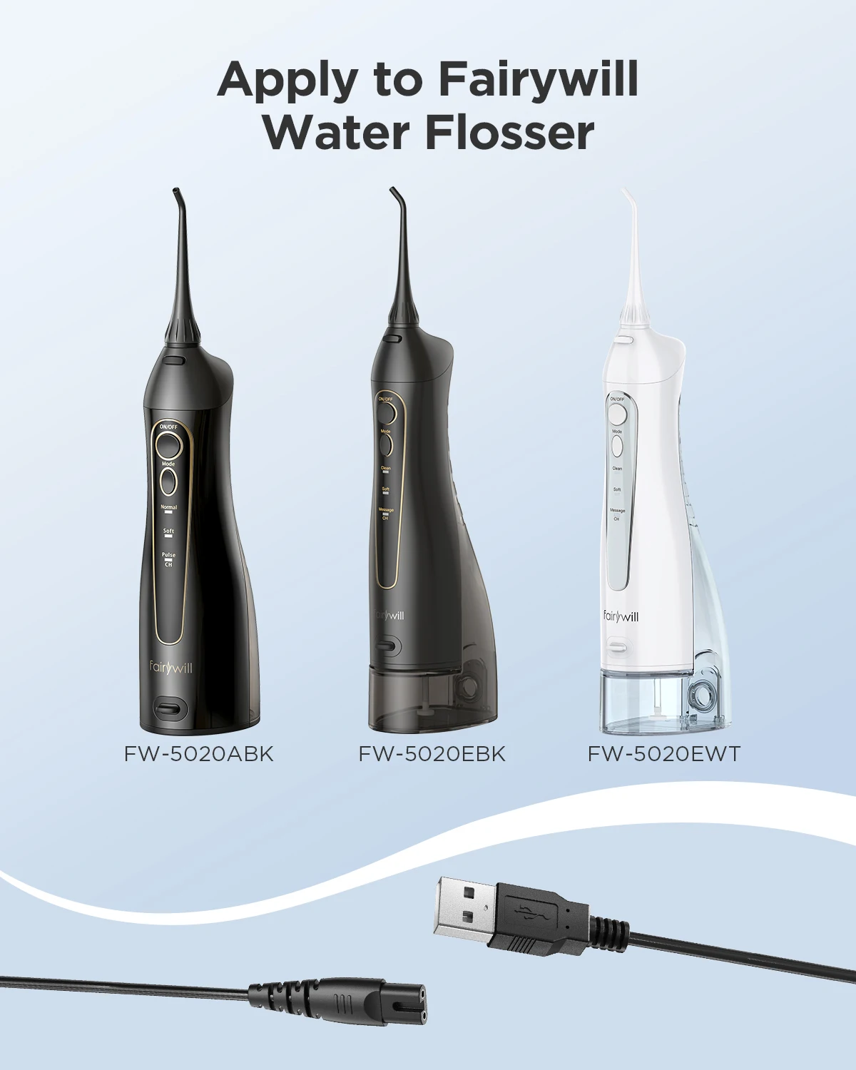 USB Cable Charger for Fairywill Water Flosser Black for Oral Irrigator for 5020E 3