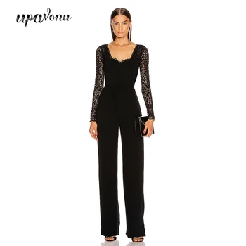 

UpAvonu 2020 New Summer Women's Bandage Jumpsuit Sexy Lace Long Sleeve Black Elegant Straight Jumpsuit Club Night Party Jumpsuit