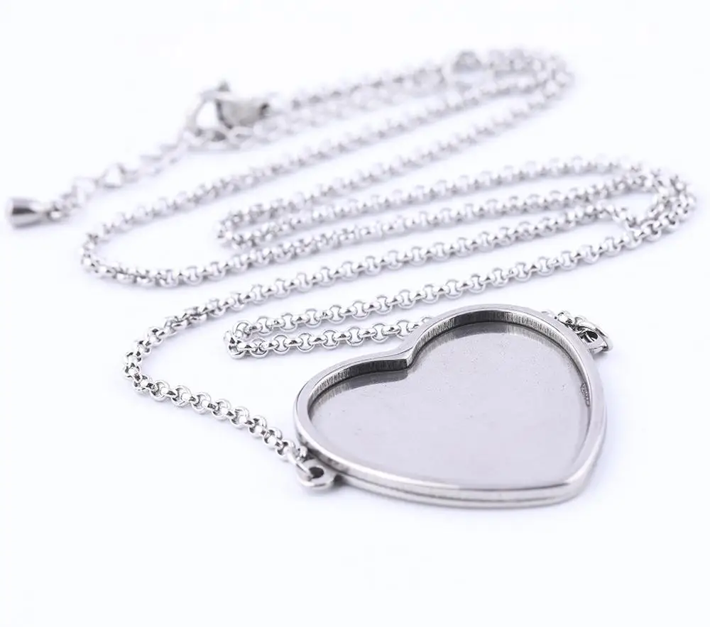 

5pcs Stainless Steel Heart Cabochon Settings 25mm Dia Pendant Base Blanks Diy 55cm Long Chain Necklace Bezel Trays