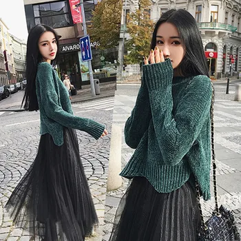 

Fashion Week 2020 Women's Wear Superior Quality New Pattern Fashion Pullover Sweater Sweater+Gauze Short Skirt Two-Piece Suite