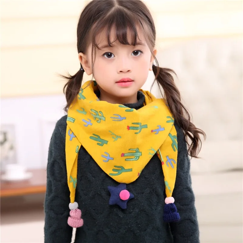 

Baby Girls Scarf Toddler Cotton Charming Cartoon Printed Triangle Scarves 3D Hat Star Kids Spring Autumn Fashion Accessories