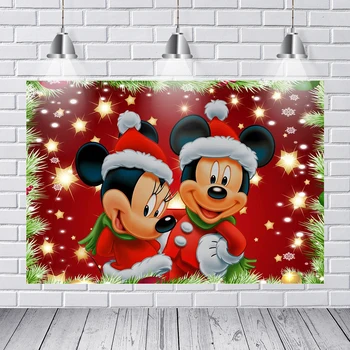 

Mickey Minnie Mouse Photography Backdrops Merry Christmas Photo Background Red Glow Star Gift Vinyl Photo Studios Props
