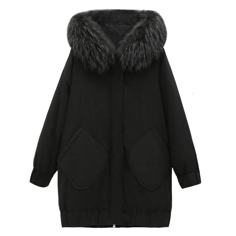 Зимнее пальто и куртка для женщин, длинное пальто с меховым воротником, парка с капюшоном, черная теплая корейская мода размера плюс, женский пуховик на утином пуху