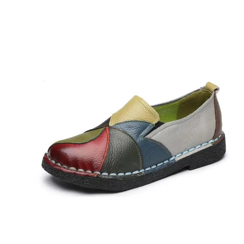 

Spring Autumn New National Wind Handmade Genuine Leather Personality Color Matching Soft Bottom Women's Driving Casual Shoes