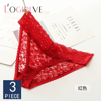 

Logirlve 3 packs of new women's underwear sexy full lace transparent briefs low waist high slits hot tempting ultra-thin briefs