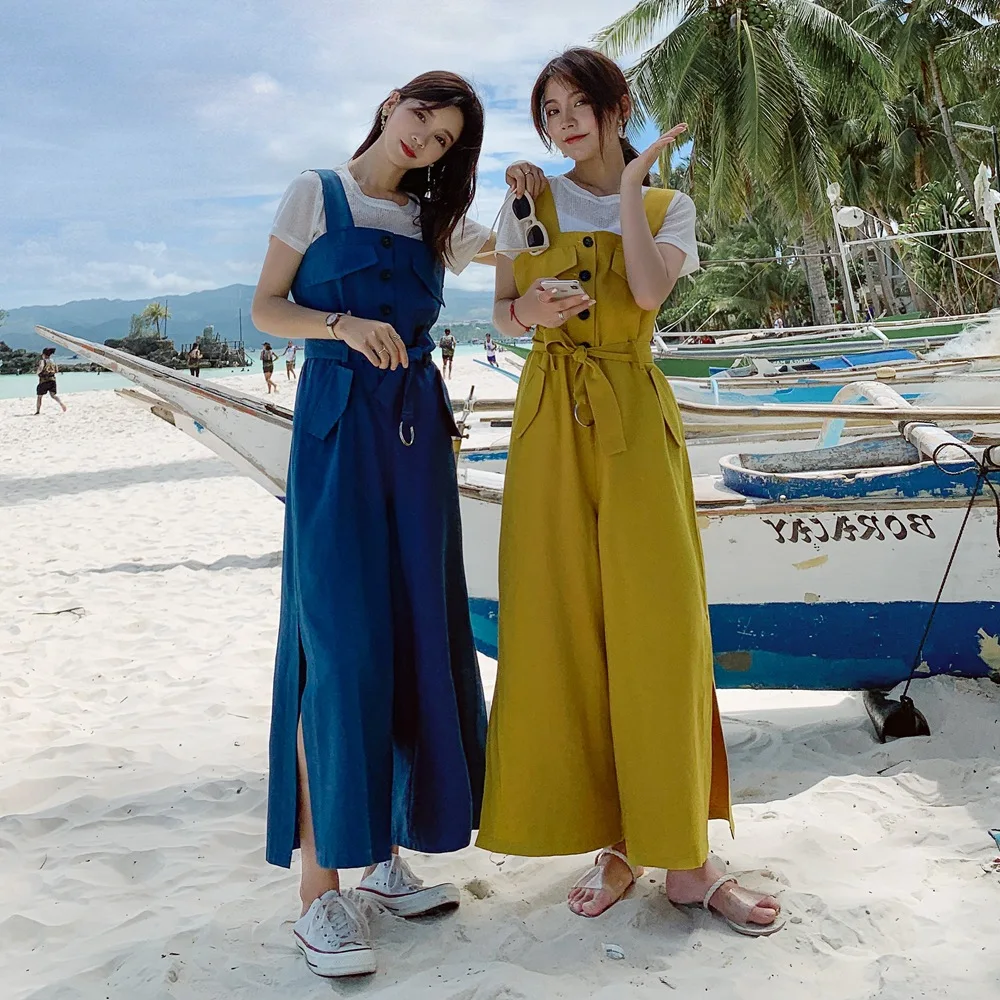 

Photo Shoot 2019 Summer New Style Korean-style Fashion CHIC Wind T-shirt + Wide-Leg Suspender Strap Onesie Two-Piece Set WOMEN'S