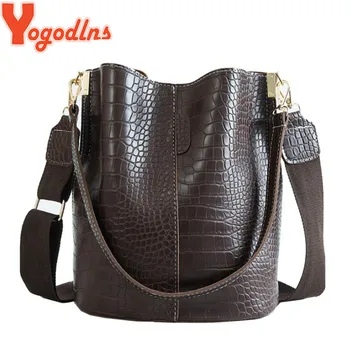 

Yogodlns Crocodile Pattern Style For Women Pu Leather Shoulder Bags Large Size Bucket Bags Retro Wide Strap Shoulder Bag