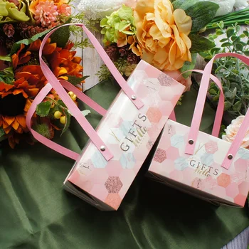 

2 Size 5pcs Pink White Flower Marble Style Paper Box with Handle Roll Cake Candy Cookie Chocolate Gift Packaging Wedding Use