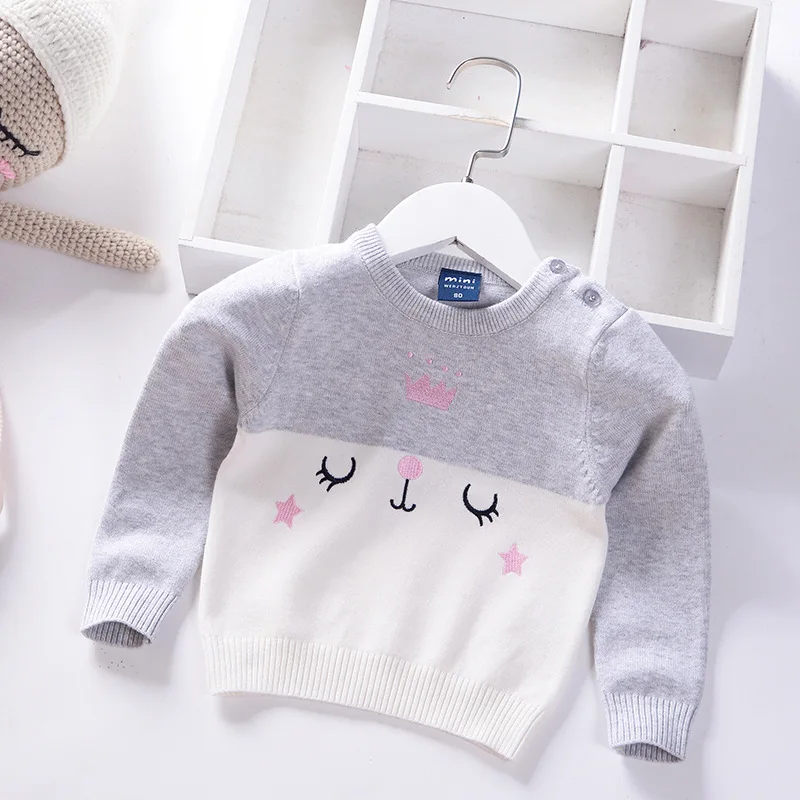 

19 Years New Style Autumn And Winter Kids' Sweater Infants Girls Crew Neck Pullover Sweater Crown Smiling Face Embroidery Sweate