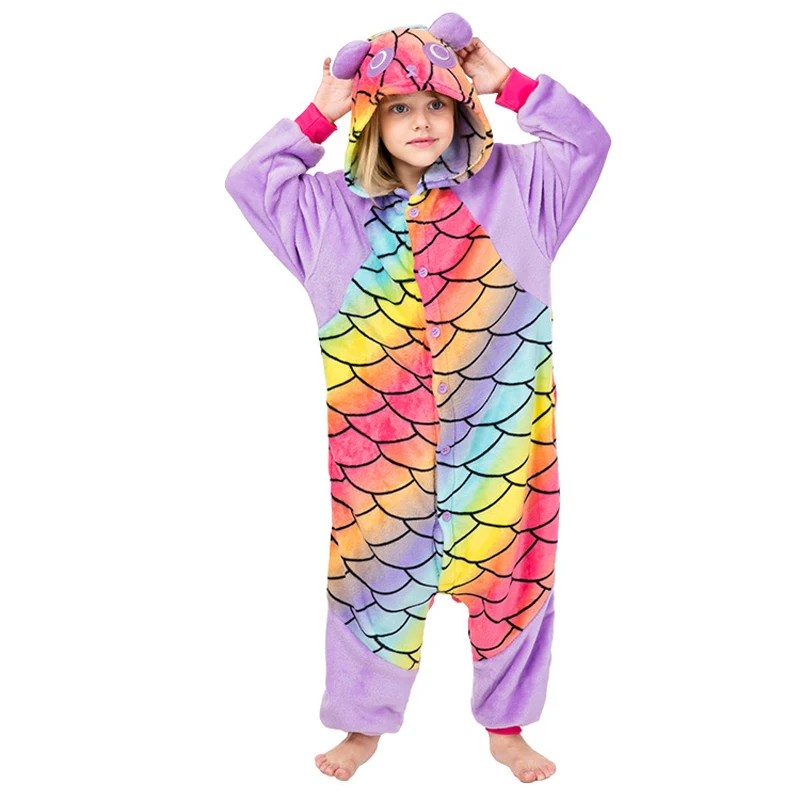 Kids Cosplay Girls Kigurumi Fish Scale Panda Onesies Pajamas Cartoon Pyjamas Halloween Costume Sleepwear Panda Jumpsuit Clothes