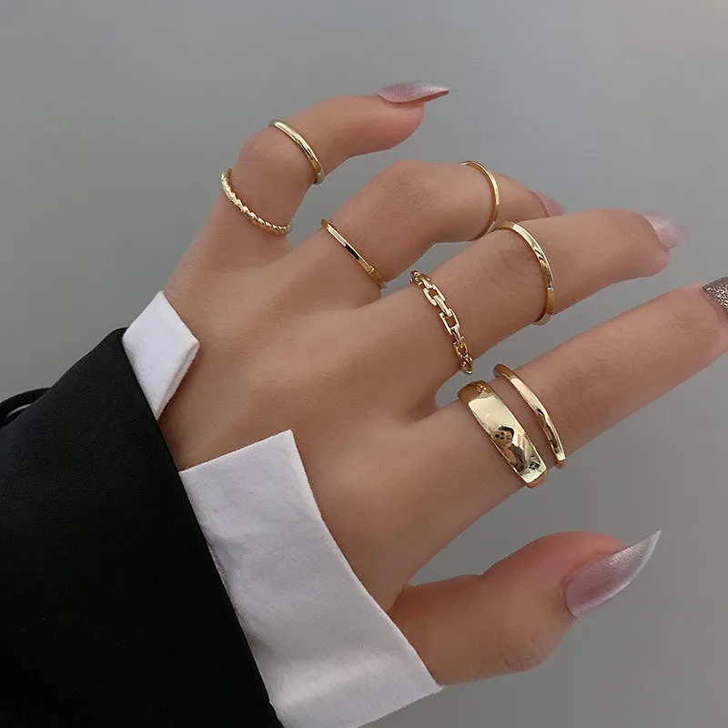 7pcs Fashion Jewelry Rings Set Metal Alloy Hollow Round Opening Women Finger For Girl Lady Party Wedding Gifts