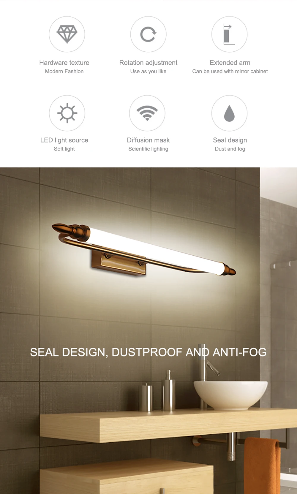 Светодиодный настенный светильник Zerouno, водонепроницаемый, для ванной комнаты, зеркальный светильник 55 см, 65 см, 75 см, металлический, arcrylic, для спальни, зеркальный светильник для макияжа, светильники