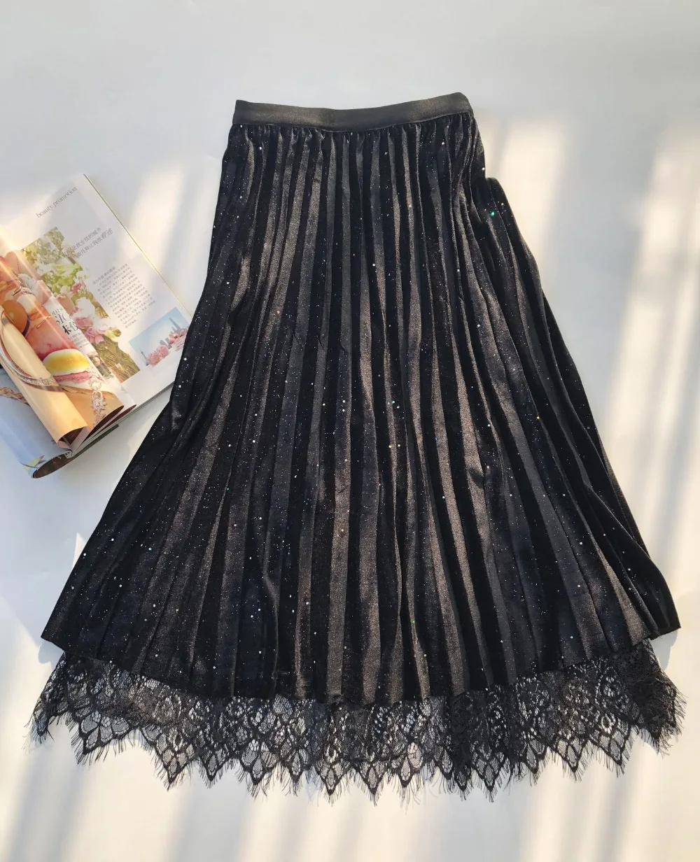 black as pic Женская эластичная высокая Талия Кружева и сетки и Бархат Лоскутная плиссированная юбка миди-женская бежевая/кофейная/серая/черная двухсторонняя юбка - Цвет: black as pic