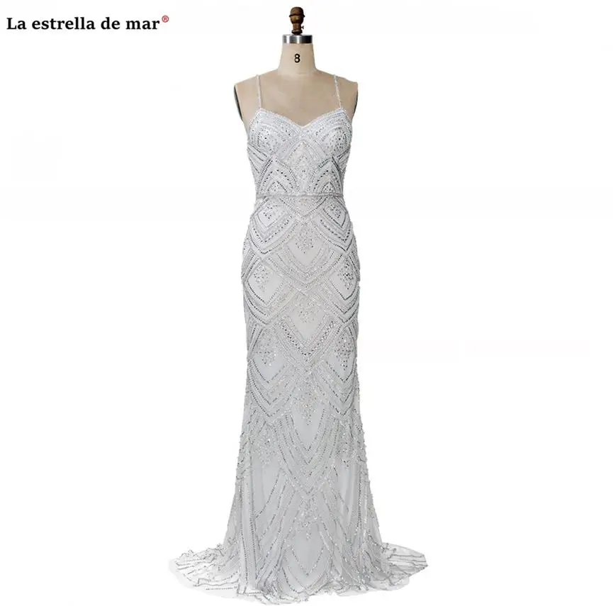 Robe de soiree2019 Кристалл Спагетти StrapV шеи Серебро Шампанское слоновой кости сексуальные Русалка Вечерние платья длинное роскошное бальное платье - Цвет: Ivory