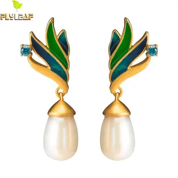 

925 Sterling Silver Wings Feather Freshwater Pearls Earrings For Women Luxury Handmade Lady Fine 14k Gold Jewelry Flyleaf