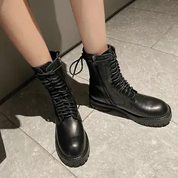 

Genuine Leather Punk Motorcycle Boots Women Ankle Boots Autumn Winter 4cm med Heels Cross-tied Shoes Woman size 40 41 42