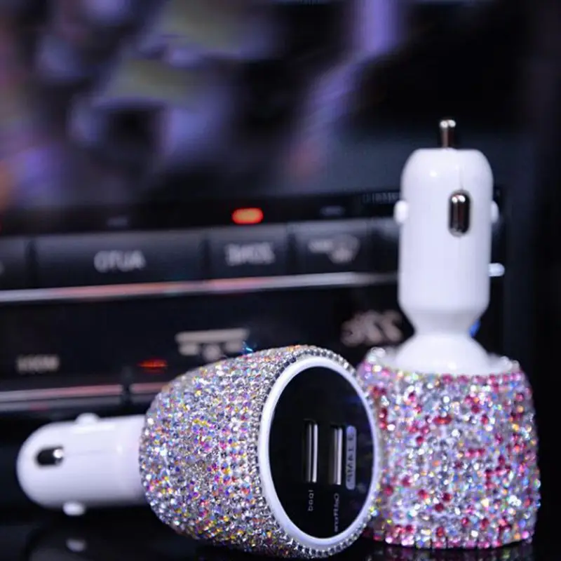 

Universal Dual USB Car Charger With Bling Rhinestones Crystal Decorations 3.1A Fast Charging Adapter For samsung iphone