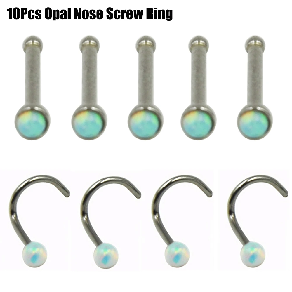 10Pcs Stainless Steel Opal Ball Nose Bone Stud Piercing Nose Screw Ring