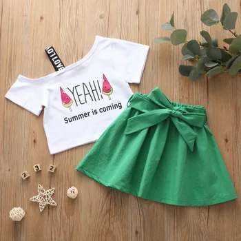 

Fashion New Summer Girls Two-piece Outfit Suits Kids Letter Print Short Sleeve T-shirt Tops Green Short Dress 2Pcs Kit 2-7T