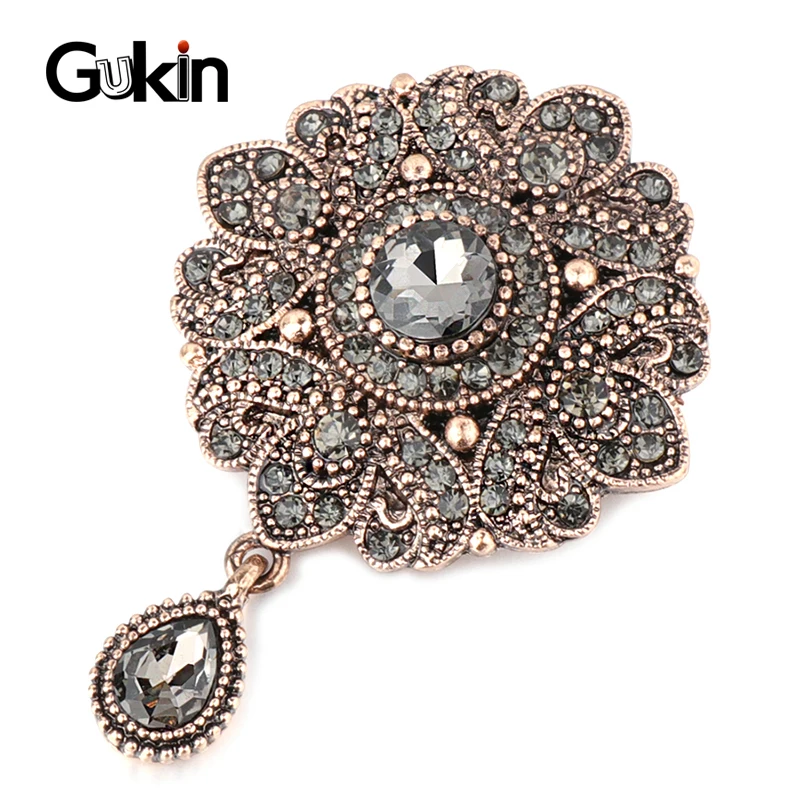 

Gukin Hot Boho New Brooch Vintage Gray Crystal Flower Antique Gold Pin Luxury Brooch For Women Lapel Pin Accessories