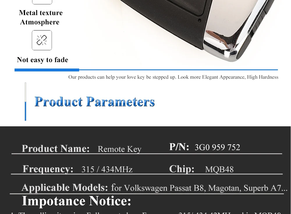 Keyforkess Smart Remote Key 3 pulsanti 315Mhz / 434MHz FOB per Volkswagen VW Magotan B8 Superb A7 Passat Variant 2015-2019 Sostituzione 9 Keyforkess Smart Remote Key 3 pulsanti 315Mhz / 434MHz FOB per Volkswagen VW Magotan B8 Superb A7 Passat Variant 2015-2019 Sostituzione - H327c79291d0346a1ae8e044fff37cd1cf