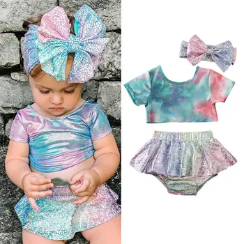 

Summer Baby Girls Swimwear 2020 Newborn Baby Girls Clothes Gradient Tops+Shorts+Bow Dress Summer Outfits Bikini Set