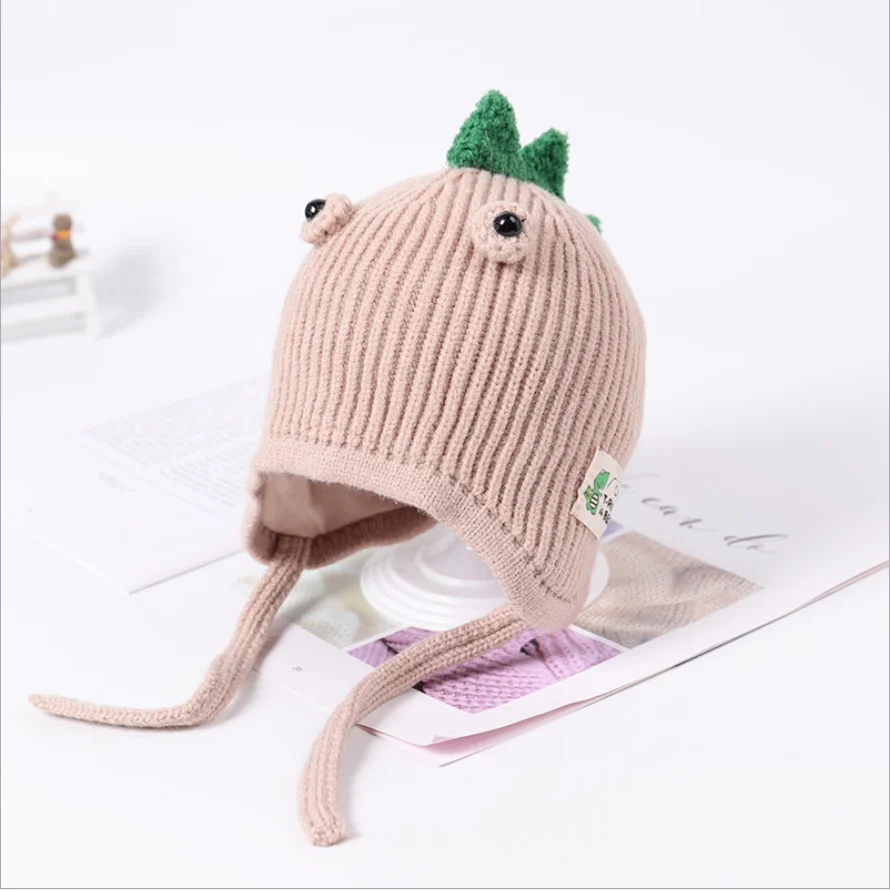 Осень-зима, теплая шапка для младенца, динозавр, Bobble Beanie, Детская вязаная шапка с завязками на подбородке, детская шапочка для мальчиков и девочек