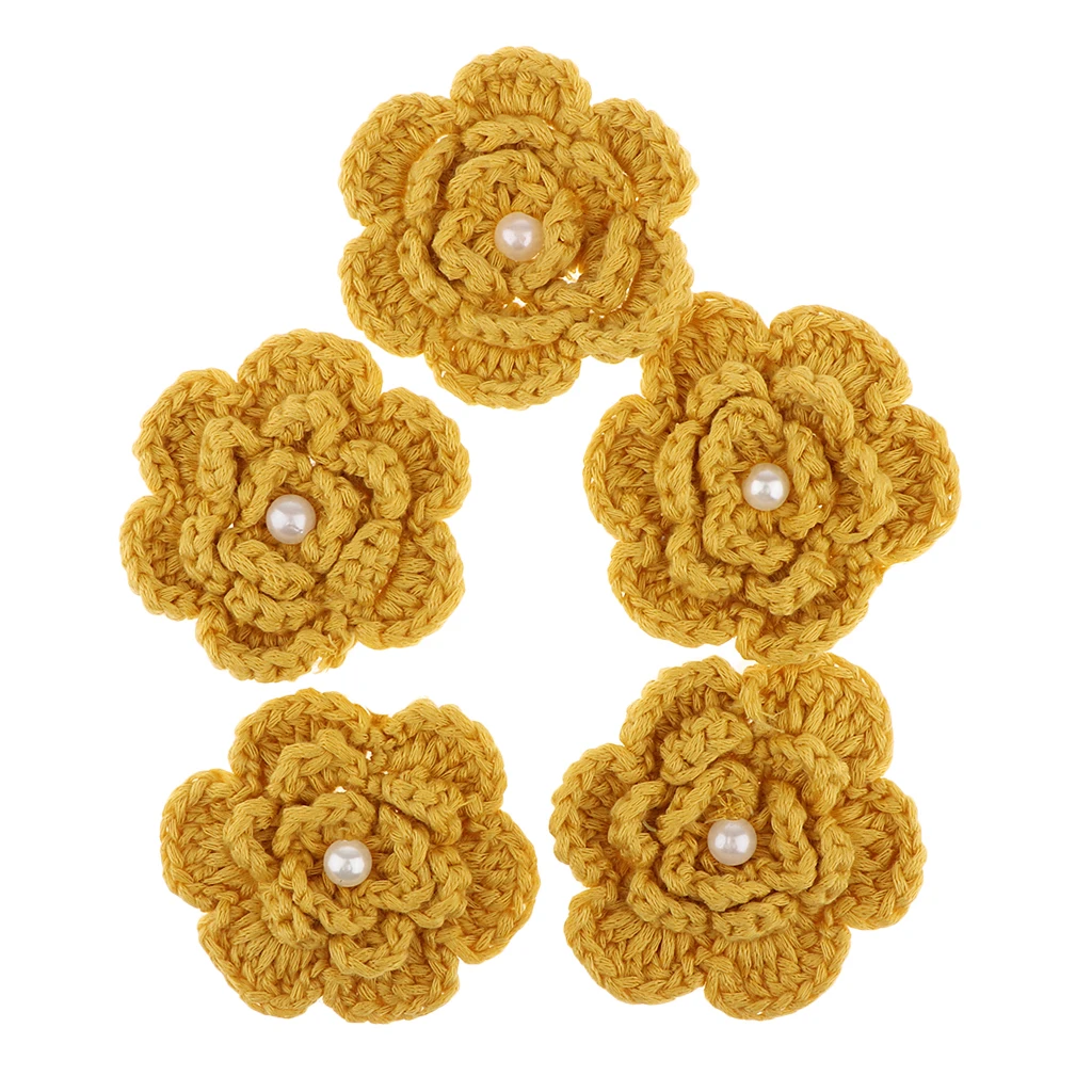 5 Pcs Yarn Crochet Flower Handmade Appliques Embellishment DIY Sewing Scrapbooking Craft Pearl Knitted Crochet Flowers Accessory