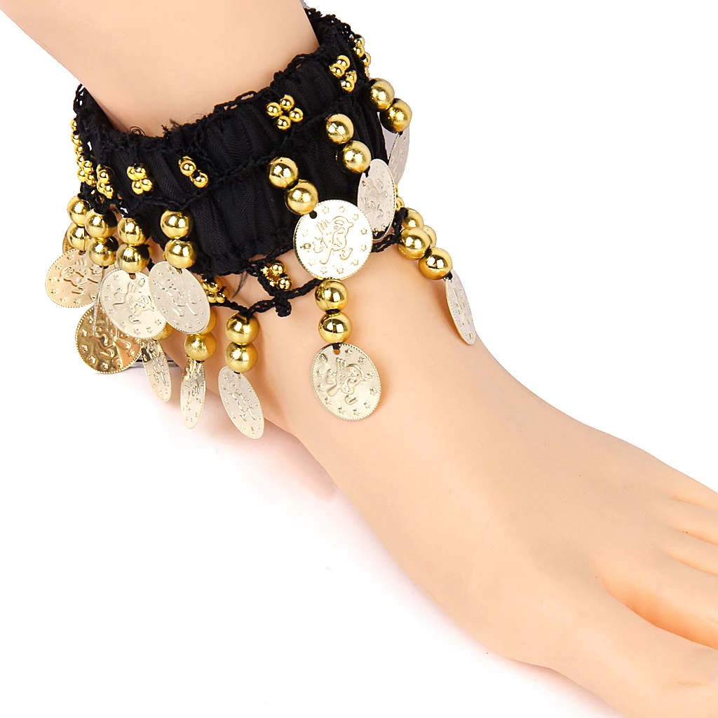 Chic Belly Dance Arm Ankle Cuff Wrist Bracelets W/ 24 Golden Coins - Black